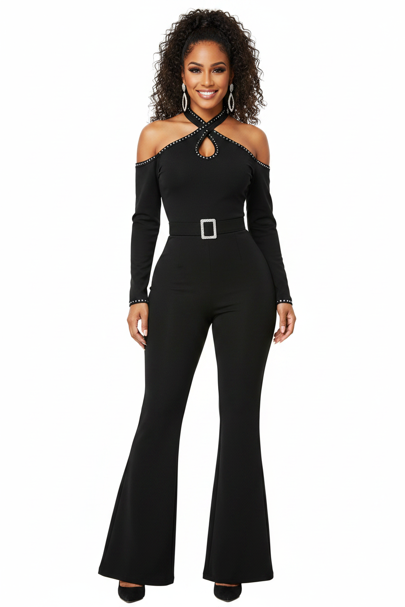 Elegant Cold Shoulder Jumpsuit with Pockets and Adjustable Straps