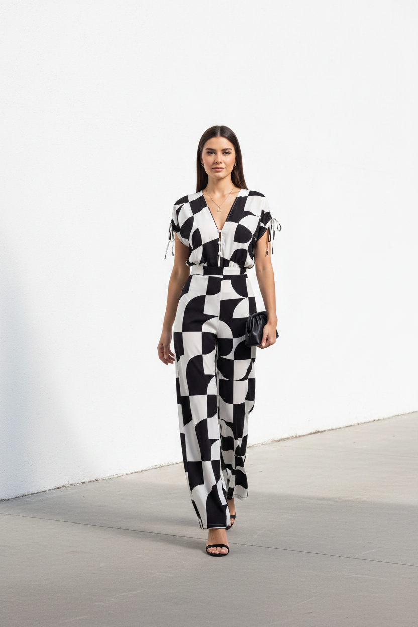 Stylish Geometric Casual Jumpsuit with Pockets and Adjustable Straps