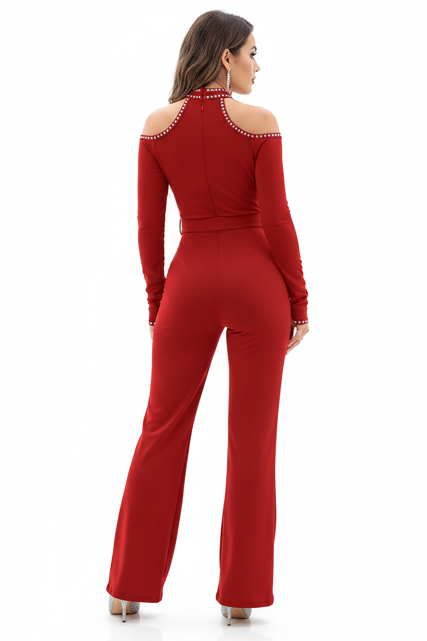 Elegant Cold Shoulder Jumpsuit with Pockets and Adjustable Straps