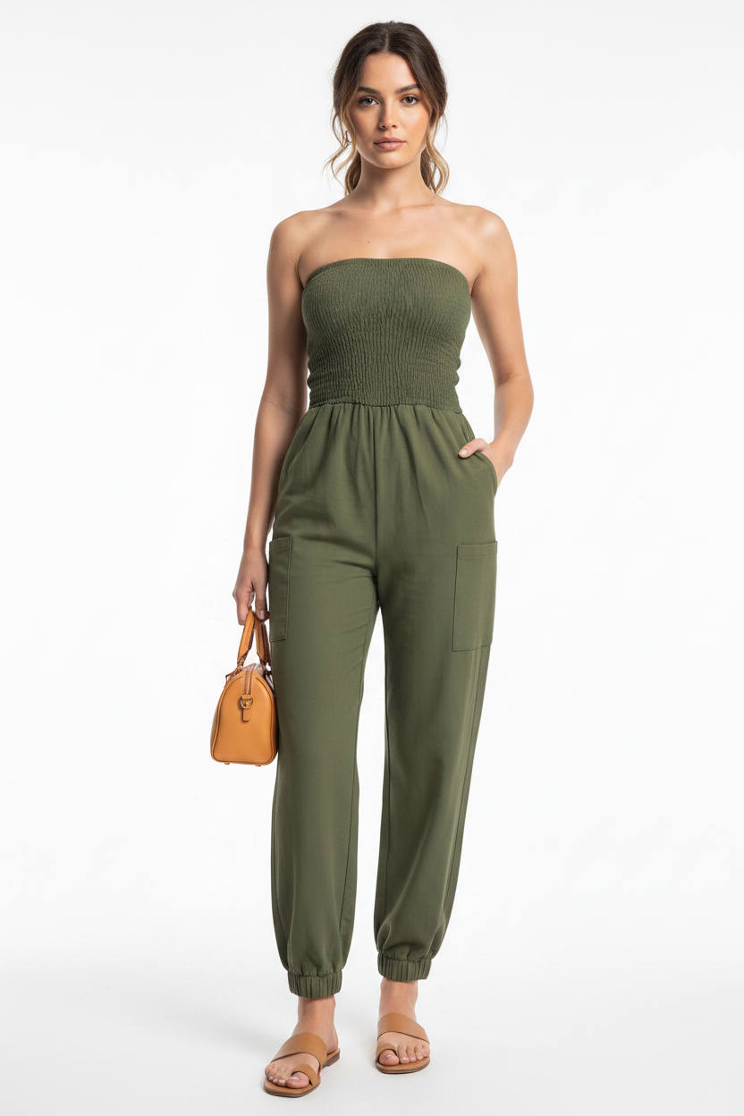 Jamota Women's Strapless Olive Green Casual Jumpsuit with Elastic Waist - Pockets and Adjustable Waist