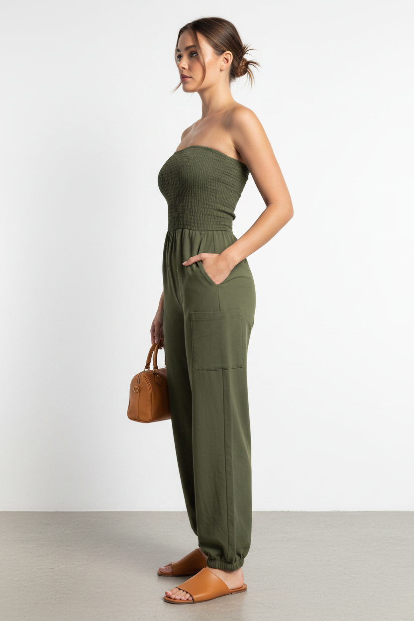 Jamota Women's Strapless Olive Green Casual Jumpsuit with Elastic Waist - Pockets and Adjustable Waist