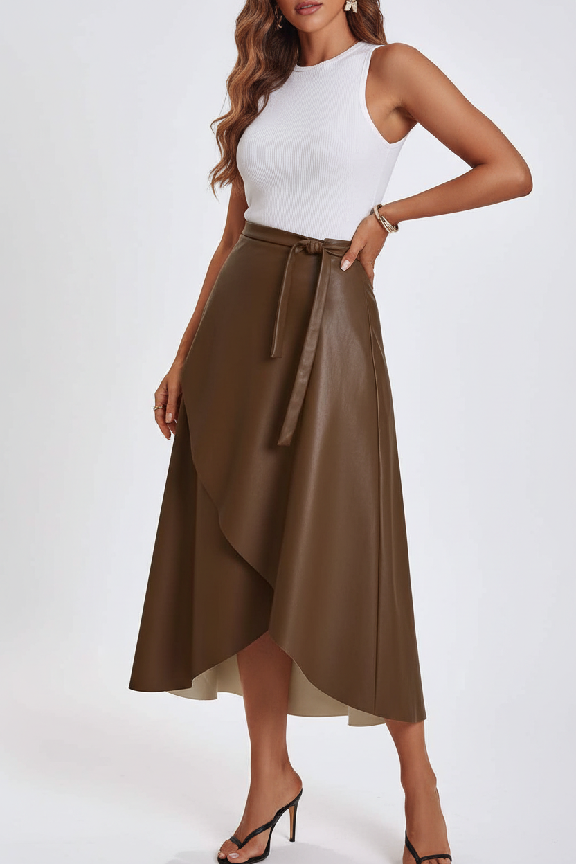 Black Midi Skirt Wrap With Adjustable Side Tie For A Sleek Silhouette Sheen Polyurethane Leather