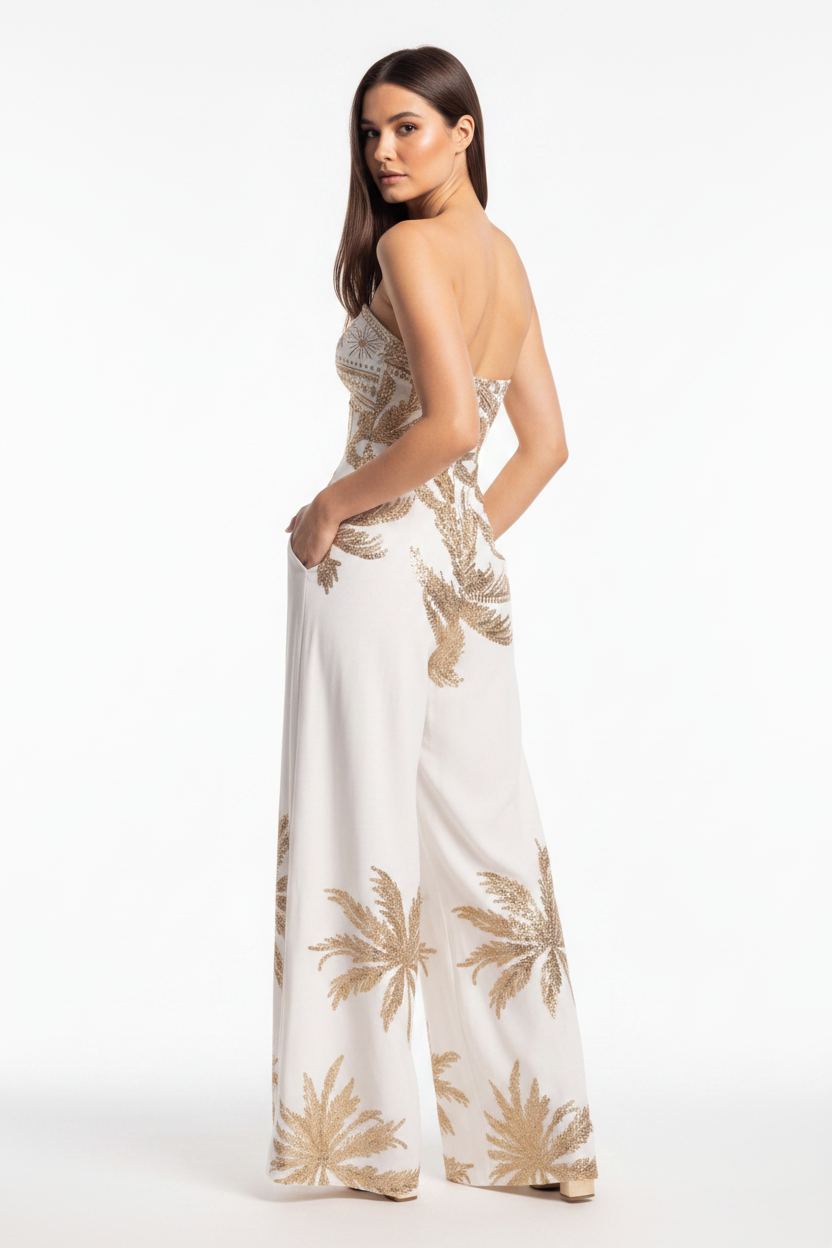 Stylish Tropical Casual Jumpsuit with Adjustable Straps & Pockets