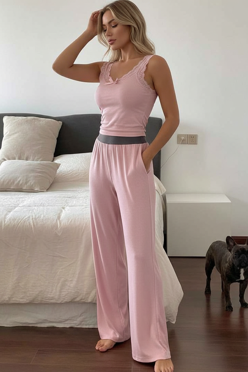 Women's Ribbed Pajama Set with Lace Accents | Soft & Comfortable Loung