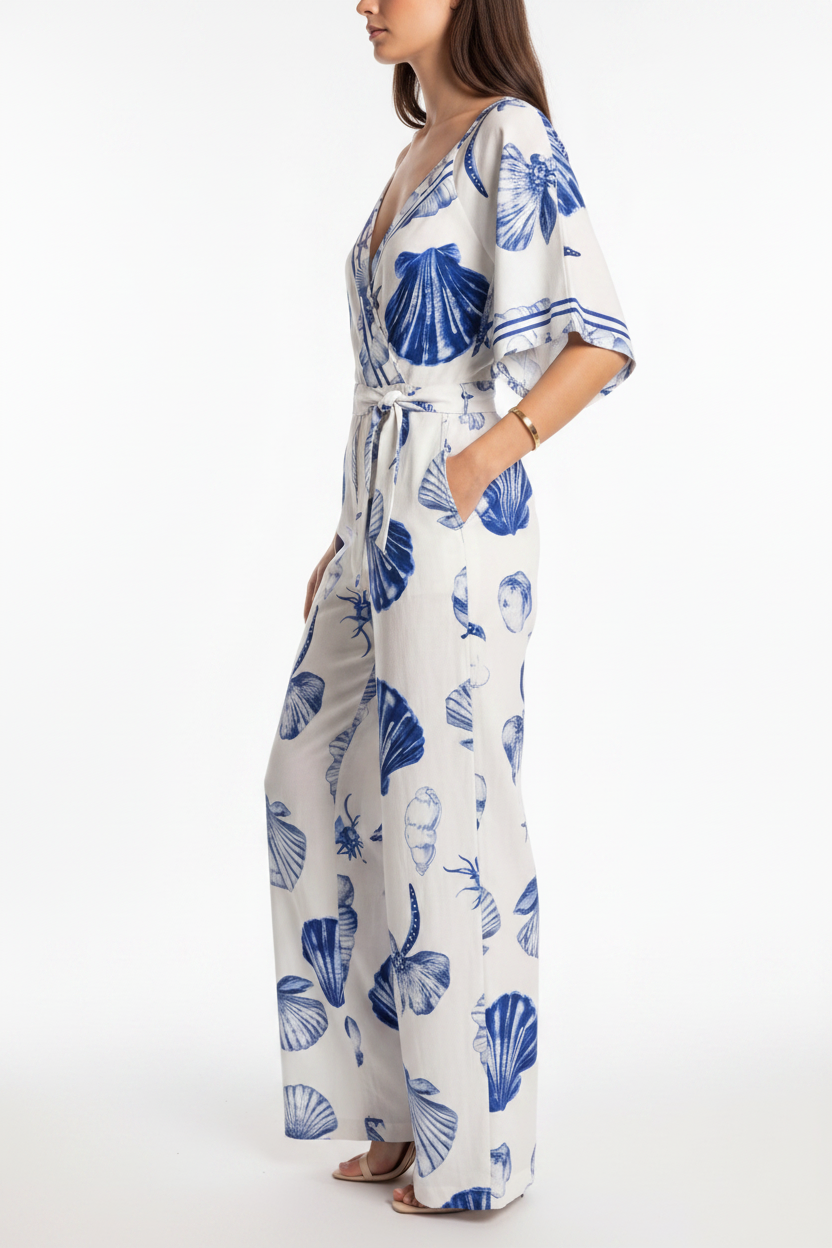 Women's White & Blue Seashell Print Wrap V-Neck Wide Leg Jumpsuit with Adjustable Straps