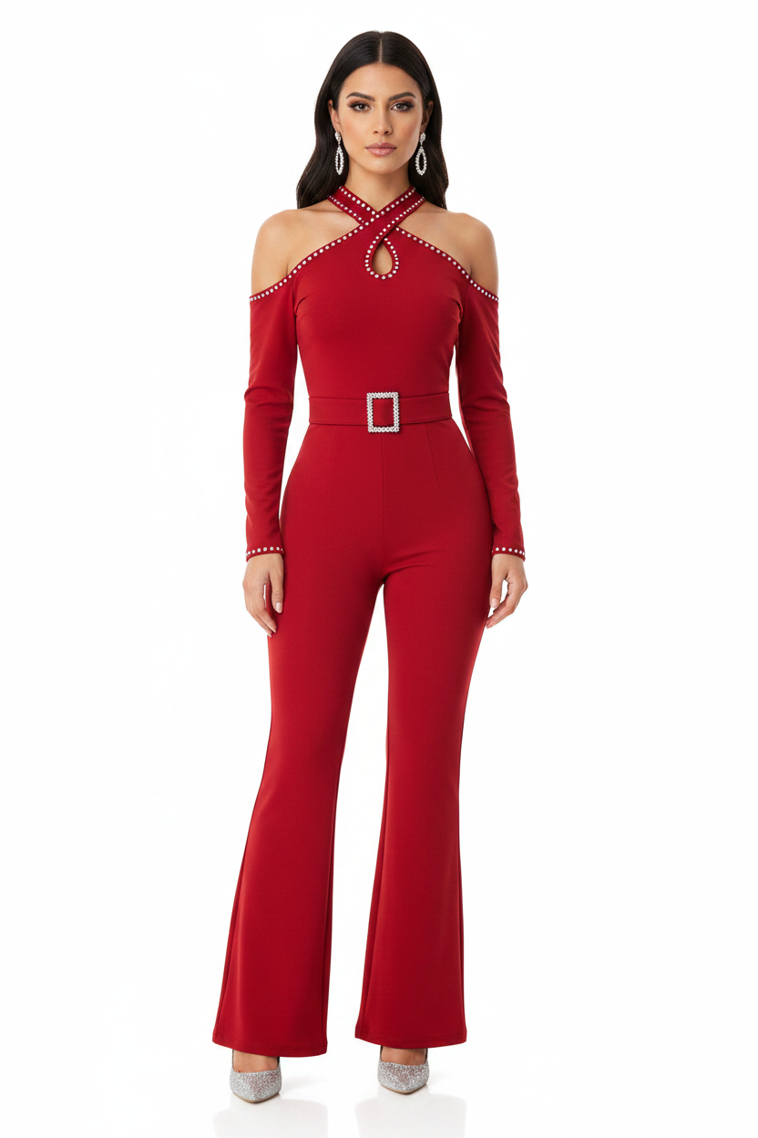 Elegant Cold Shoulder Jumpsuit with Pockets and Adjustable Straps