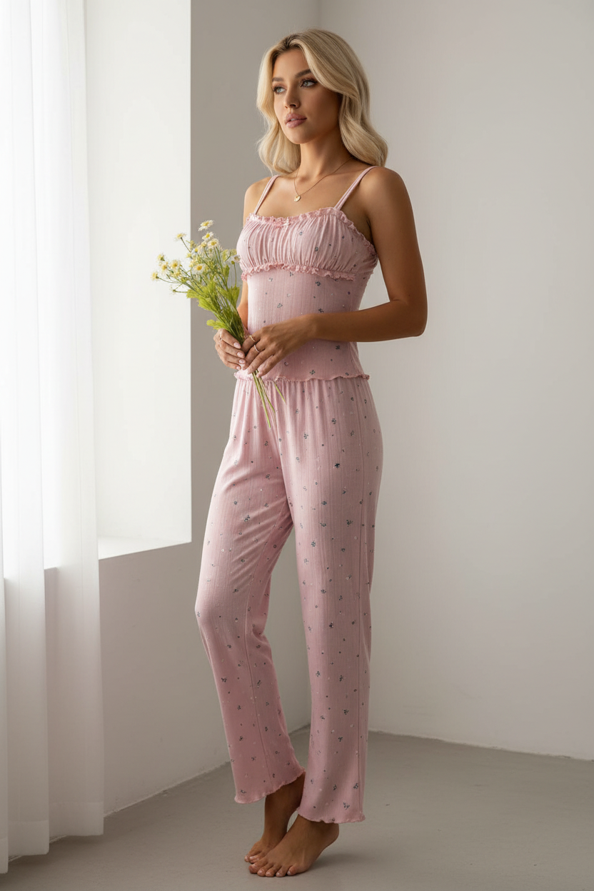 Multicolor Pajama Set Floral Print Slim Fit Cami And Straight Leg Pants Soft Knit
