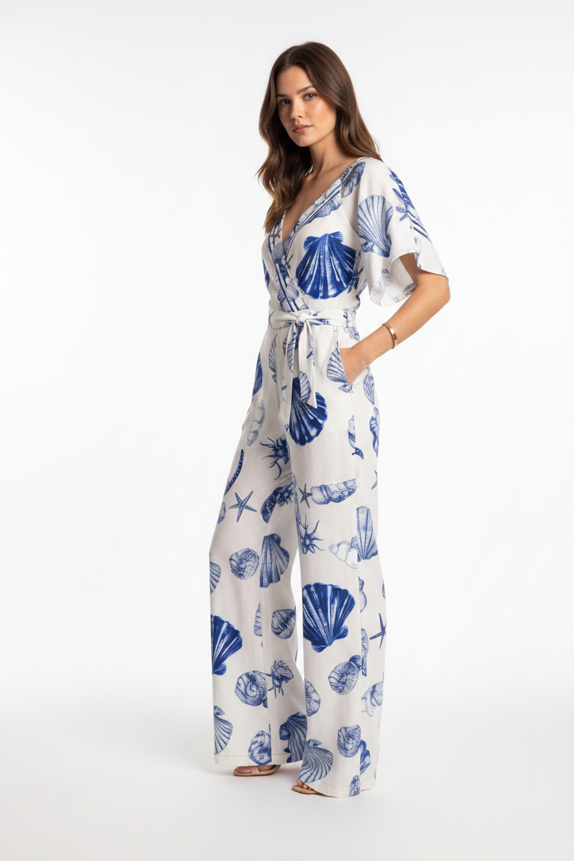 Women's White & Blue Seashell Print Wrap V-Neck Wide Leg Jumpsuit with Adjustable Straps
