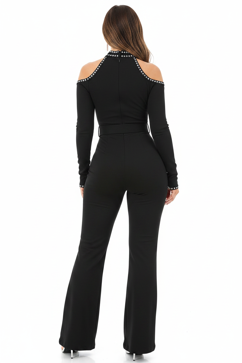 Elegant Cold Shoulder Jumpsuit with Pockets and Adjustable Straps