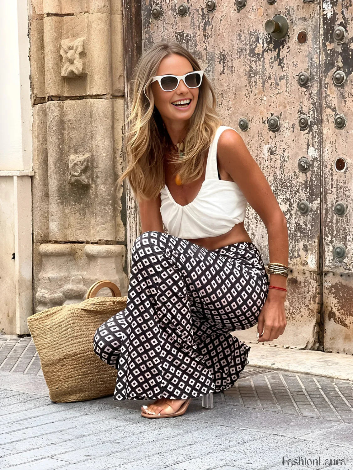 Geometrical Print Flare Pants