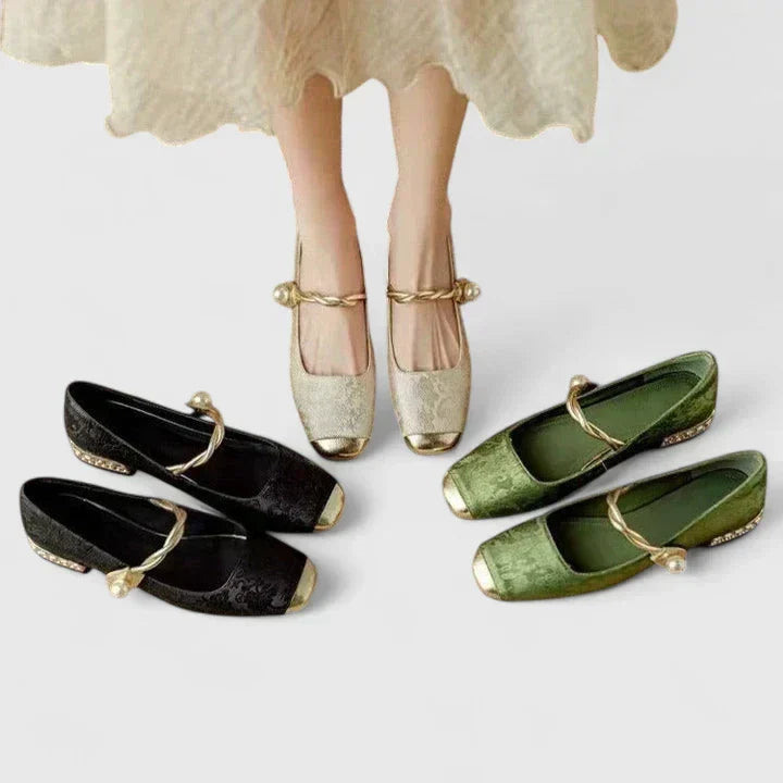 Square Toe Metallic Cap Twist Strap Mary Jane Flats
