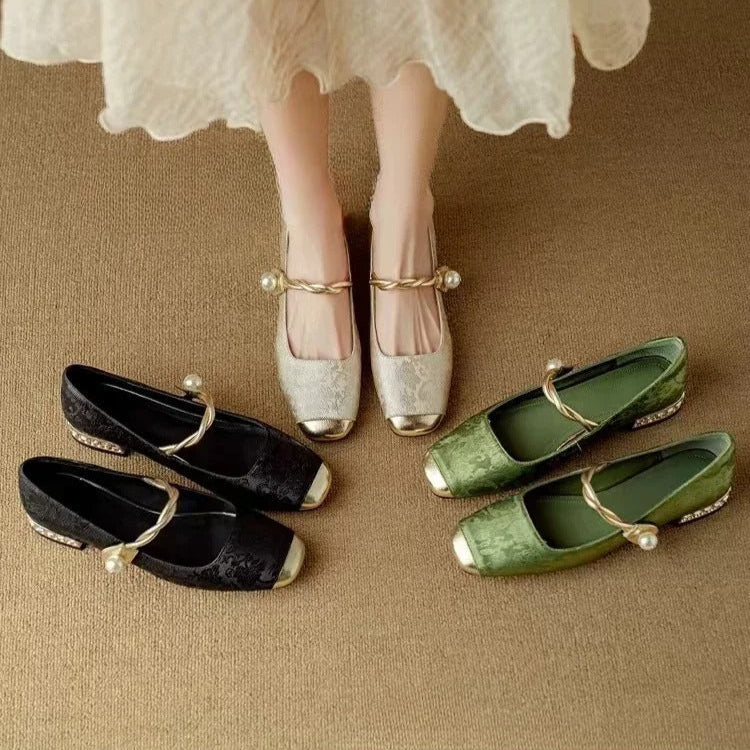 Square Toe Twist Strap Embellished Low Block Heel Mary Jane Pumps