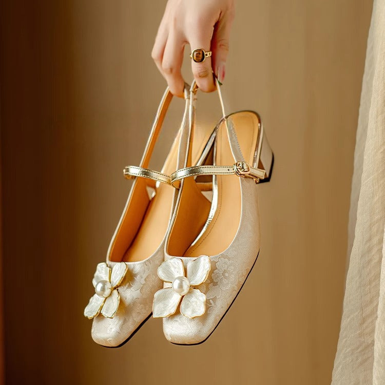 Floral Applique Square Toe Slingback Block Heel Pumps