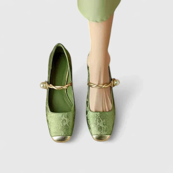 Square Toe Metallic Cap Twist Strap Mary Jane Flats