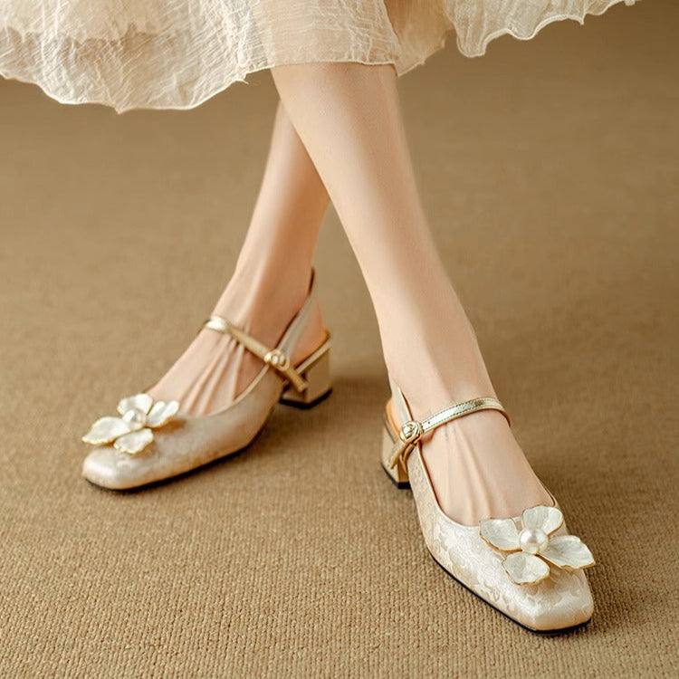 Floral Applique Square Toe Slingback Block Heel Pumps