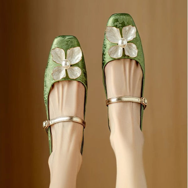 Floral Applique Square Toe Slingback Block Heel Pumps