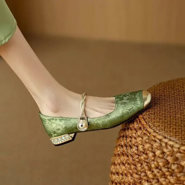 Square Toe Twist Strap Embellished Low Block Heel Mary Jane Pumps