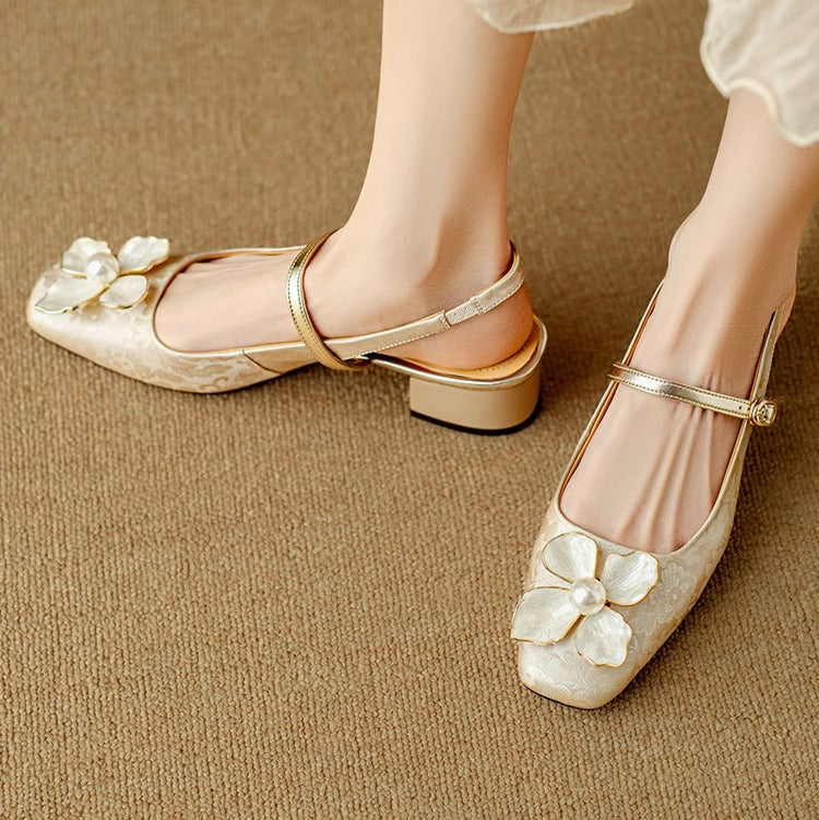 Floral Applique Buckle Strap Block Heel Mary Jane Shoes
