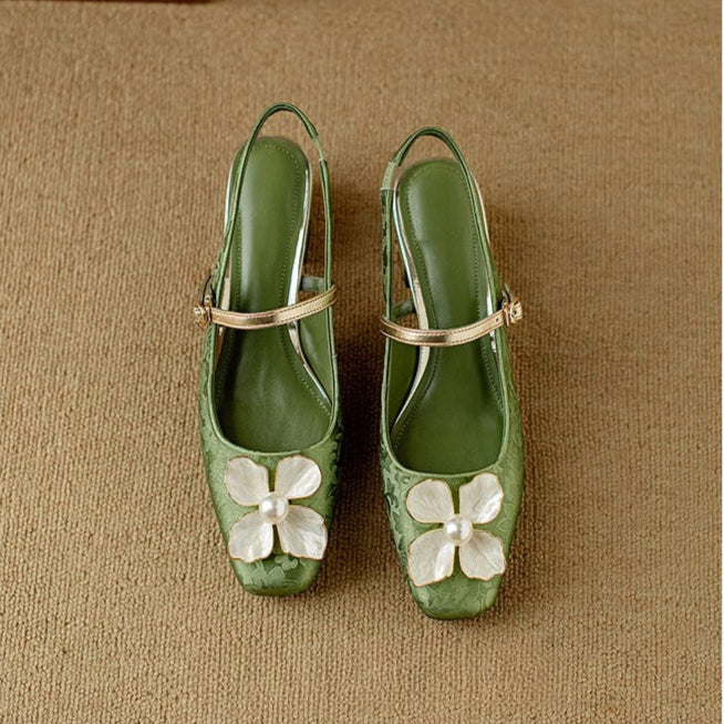 Floral Applique Buckle Strap Block Heel Mary Jane Shoes