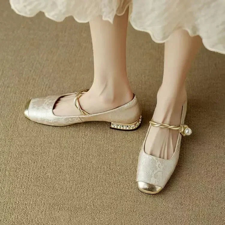 Square Toe Twist Strap Embellished Low Block Heel Mary Jane Pumps