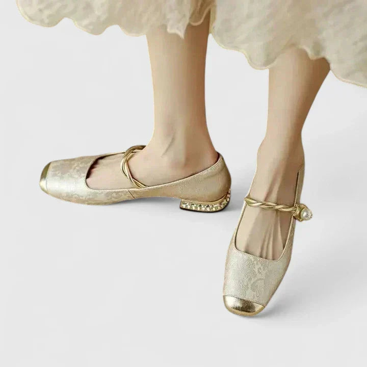 Square Toe Metallic Cap Twist Strap Mary Jane Flats