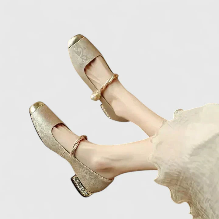 Square Toe Metallic Cap Twist Strap Mary Jane Flats
