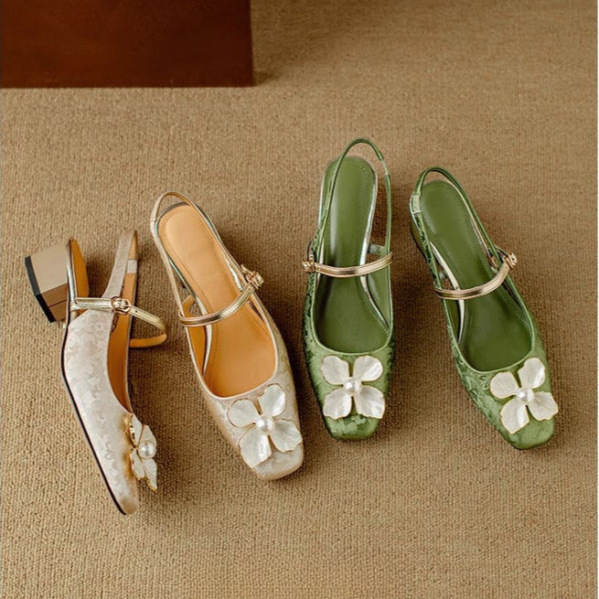 Floral Applique Buckle Strap Block Heel Mary Jane Shoes