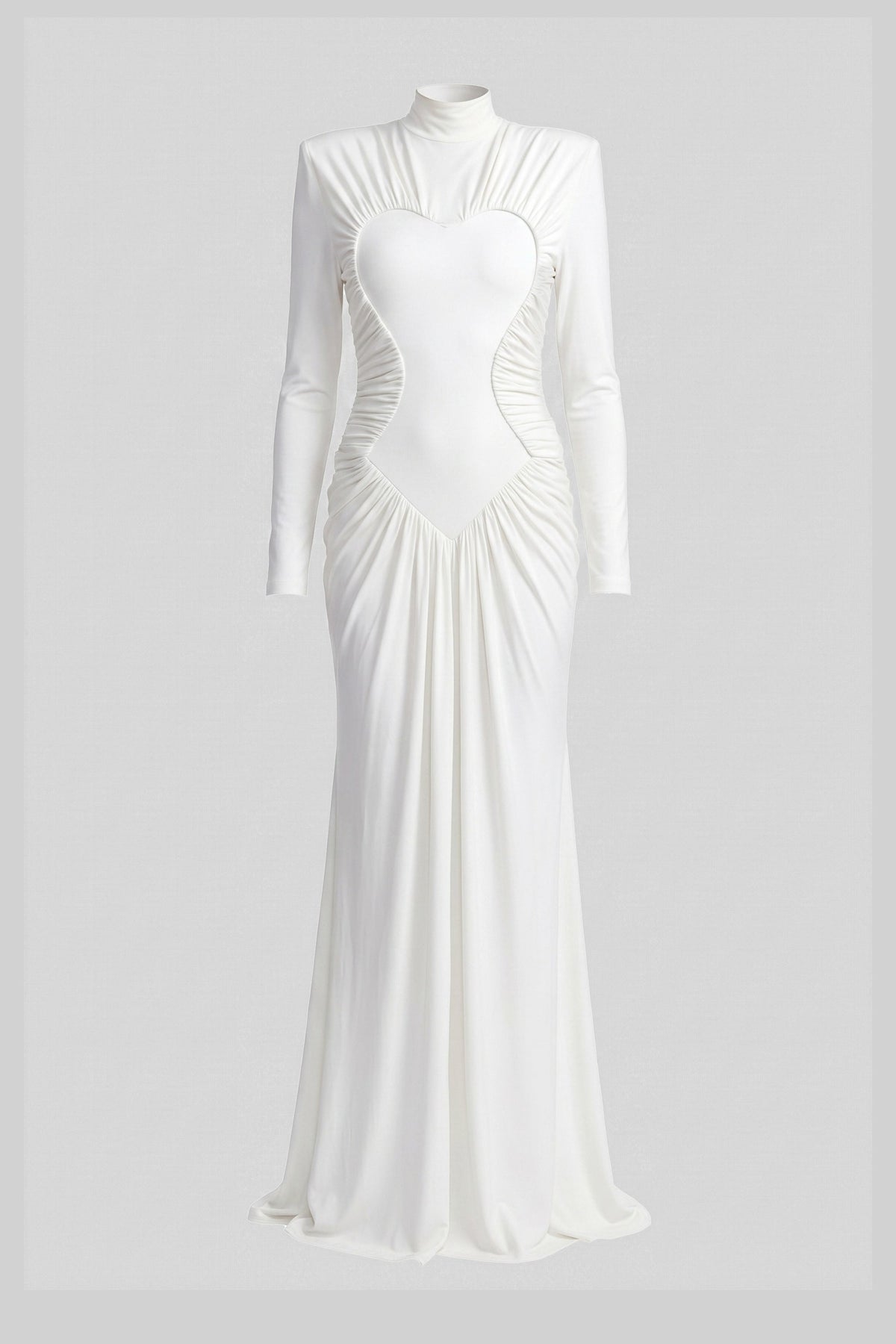 Mock Neck Long Sleeve Heart Panel Ruched Draped Maxi Gown 2