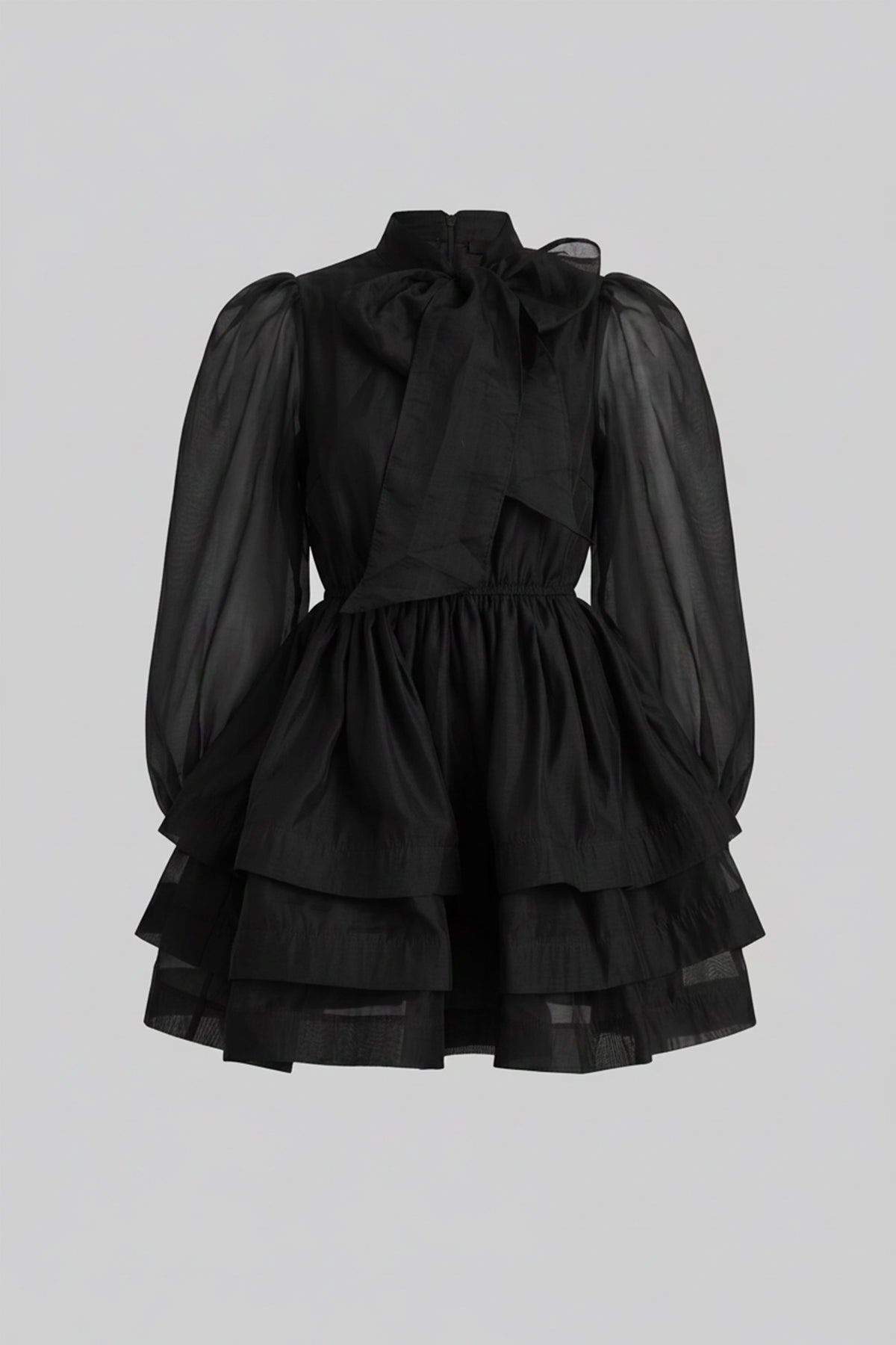 Bow Tie Neck Sheer Puff Sleeve Organza Tiered Ruffle Mini Dress 2