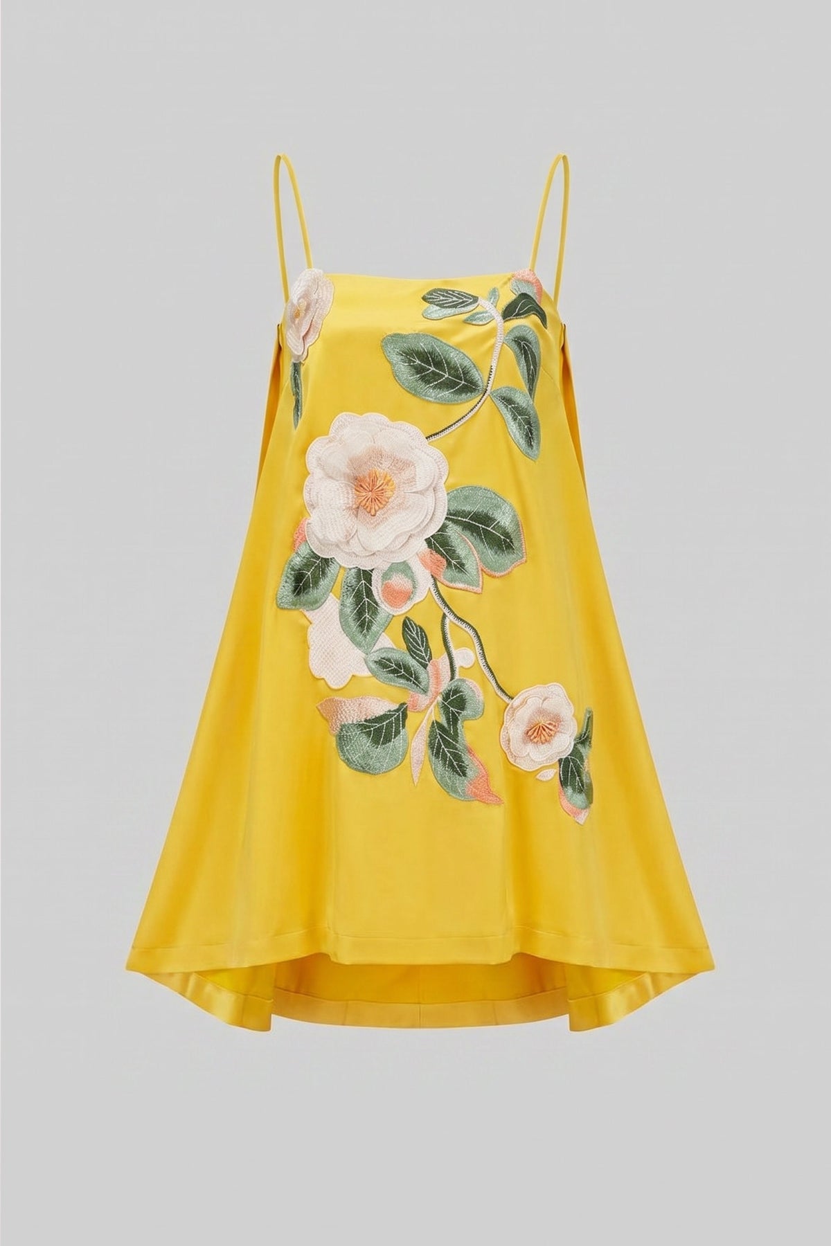 Satin Floral Applique Square Neck Spaghetti Strap Swing Mini Dress 2