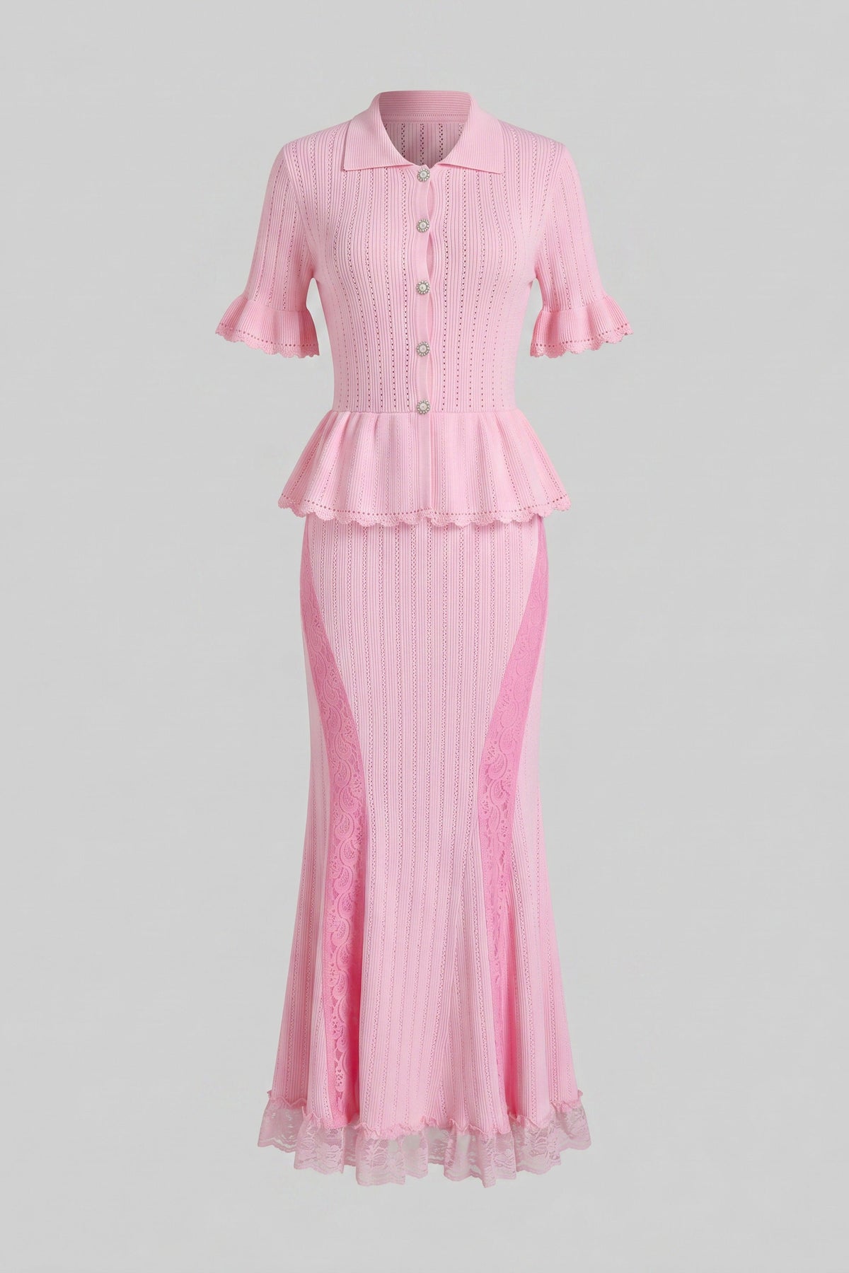 Polo Collar Short Sleeve Pointelle Knit Peplum Lace Hem Maxi Dress 2