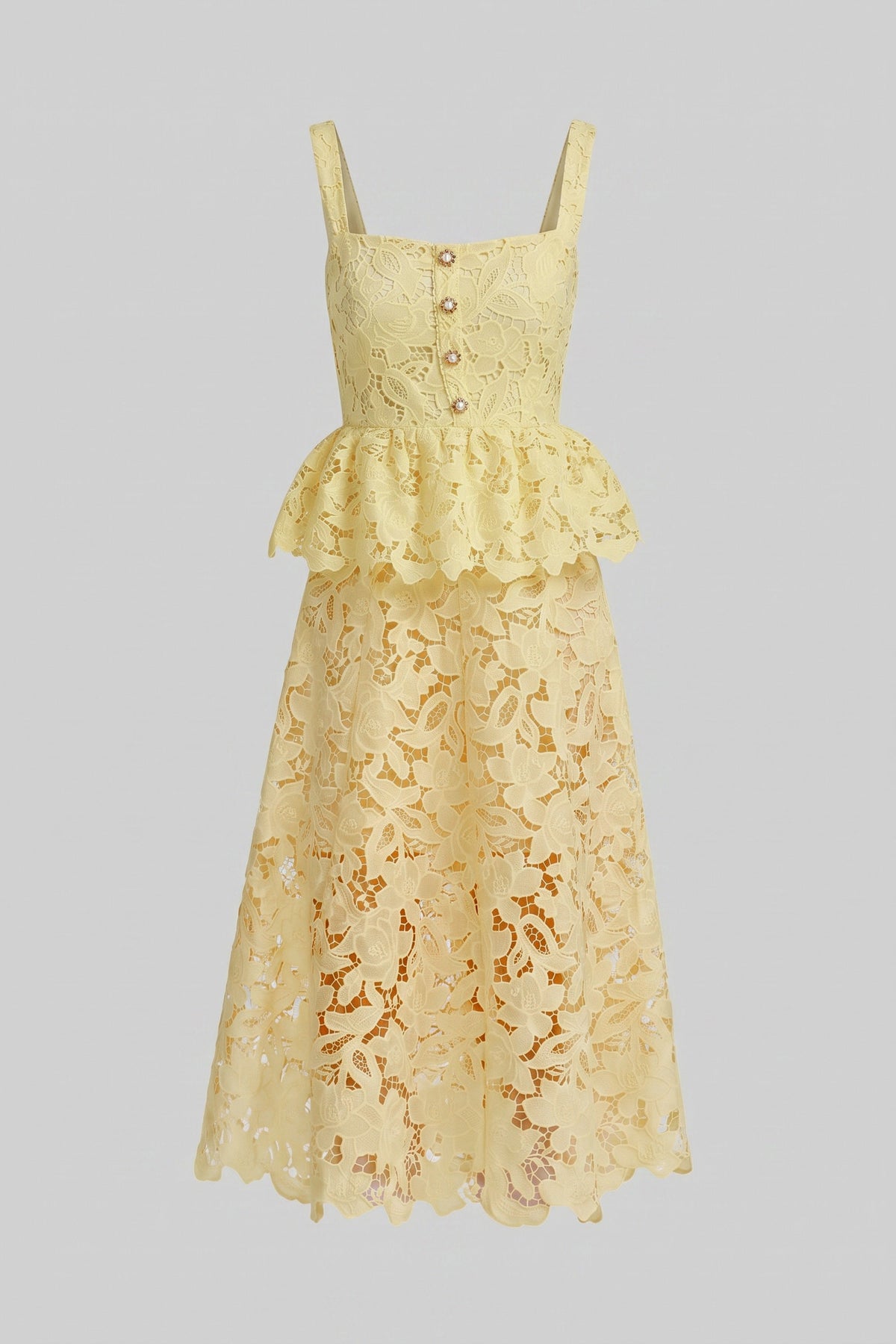 Square Neck Button Front Scallop Lace Peplum Midi Dress 6