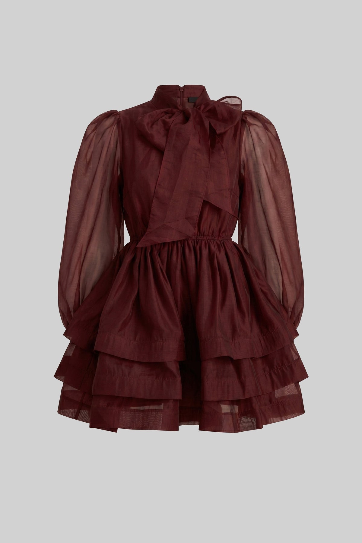 Bow Tie Neck Sheer Puff Sleeve Organza Tiered Ruffle Mini Dress 2