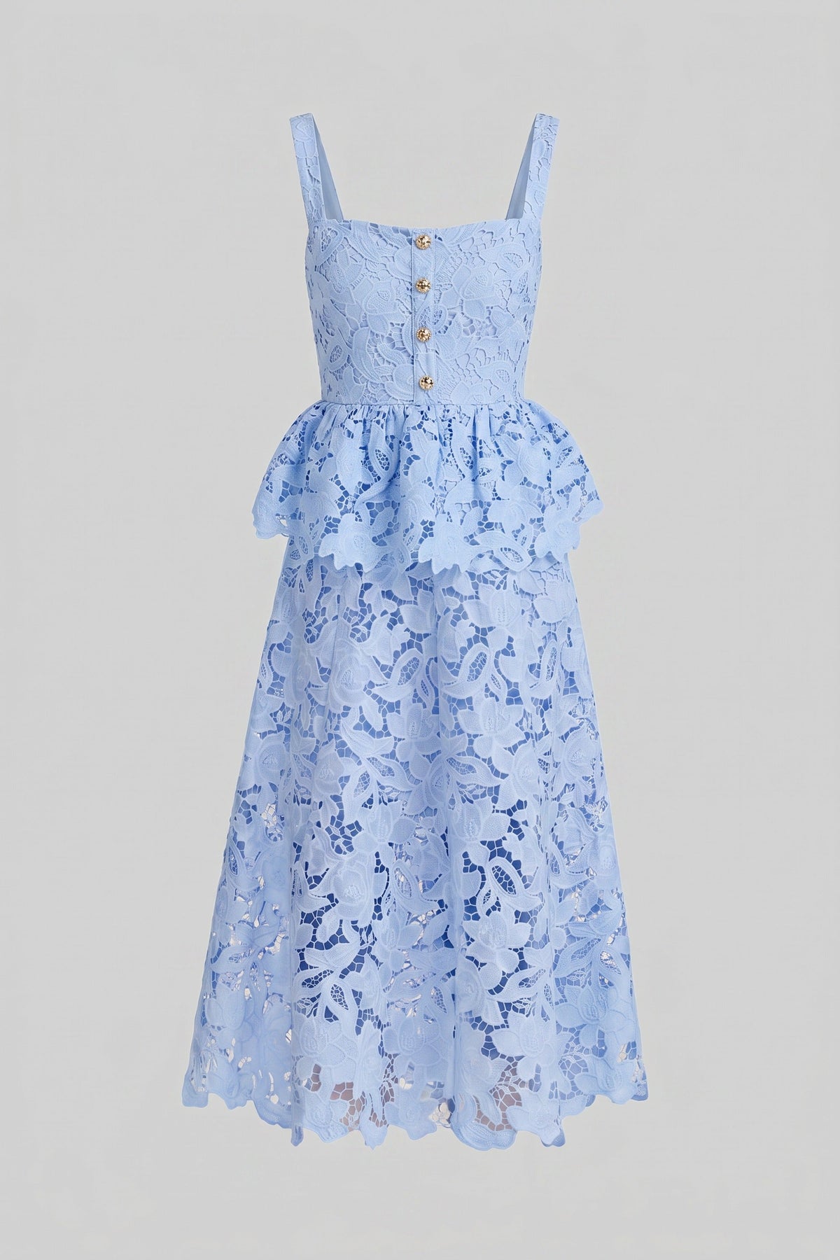 Square Neck Button Front Scallop Lace Peplum Midi Dress 5