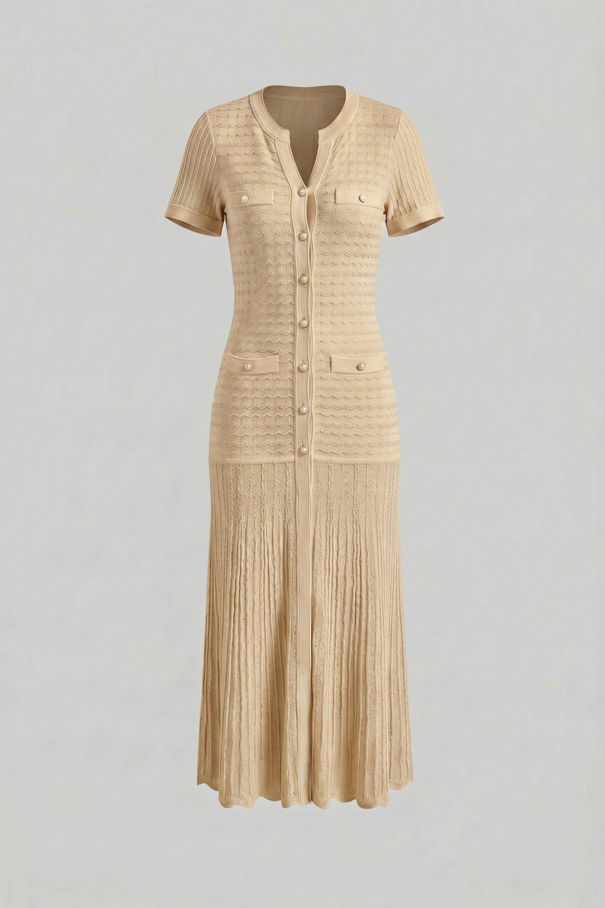 Crew Neck Flutter Sleeve Button Front Pointelle Knit Maxi Dress 2