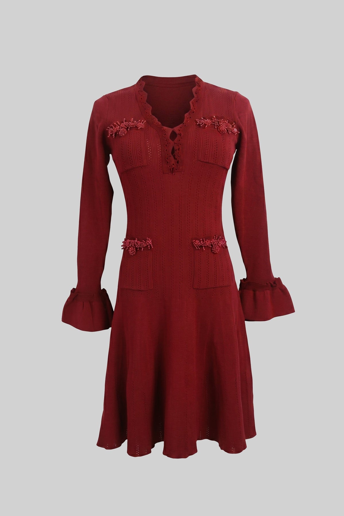 Scalloped V-Neck Long Sleeve Ruffle Cuff Ribbed Knit Flare Mini Dress 2