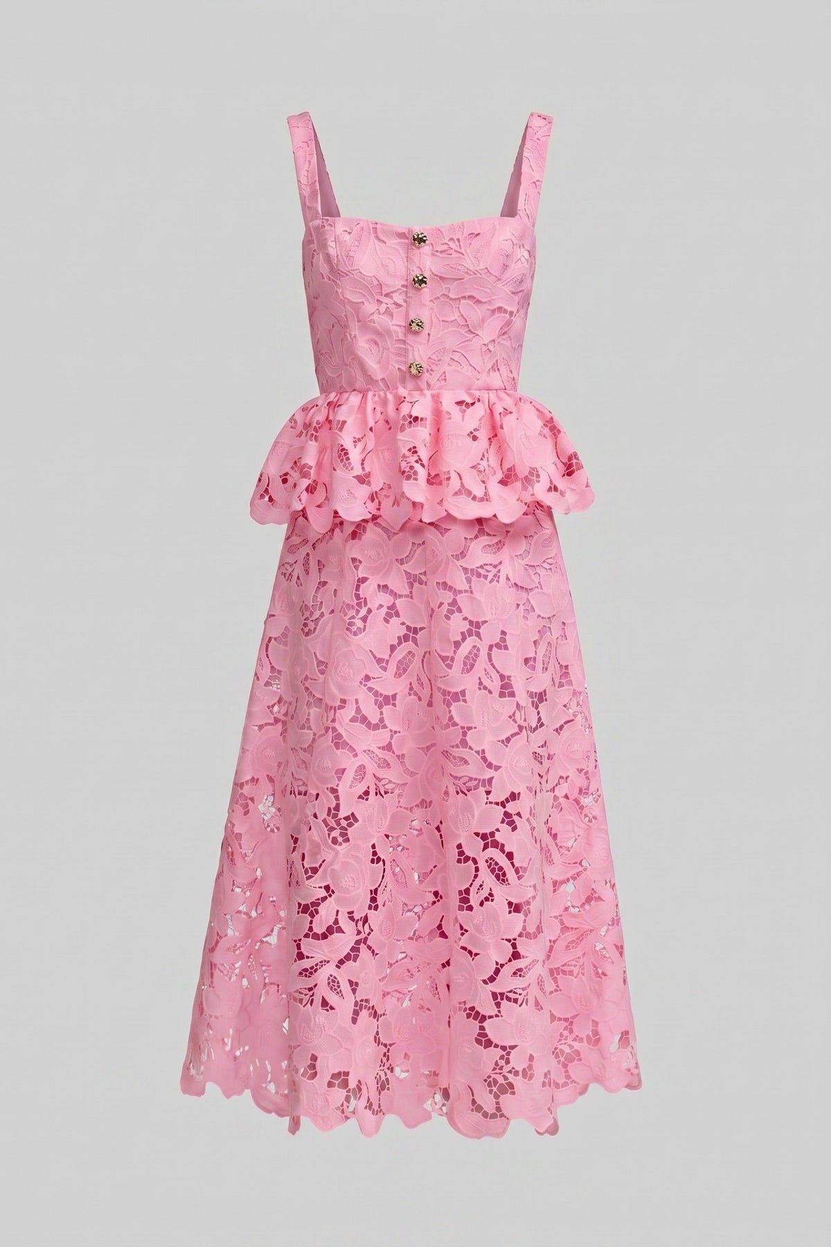 Lace Square Neck Sleeveless Button Front Scalloped Peplum Midi Dress 2