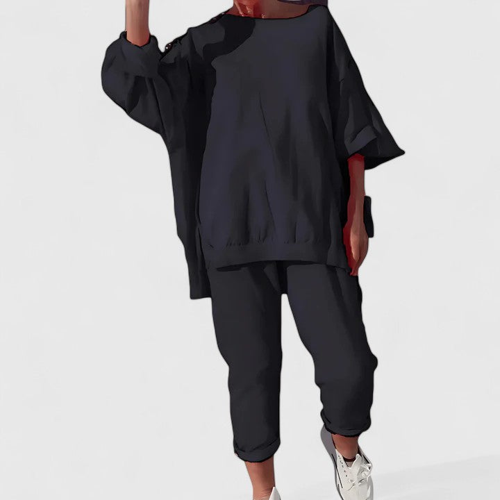 Drop Shoulder Oversized Top and Tapered Pants Two Piece Set