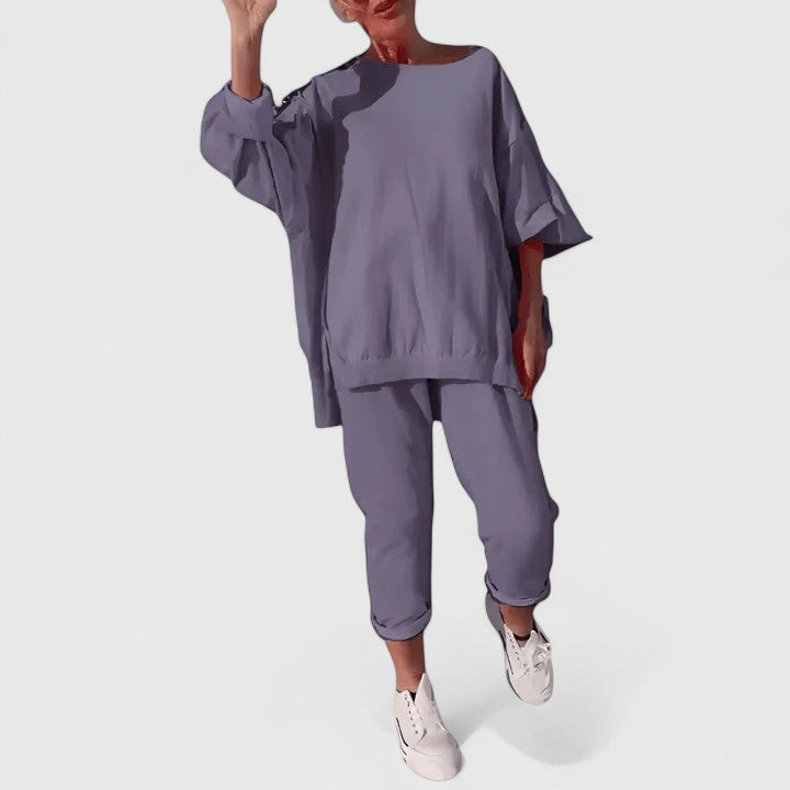 Drop Shoulder Oversized Top and Tapered Pants Two Piece Set