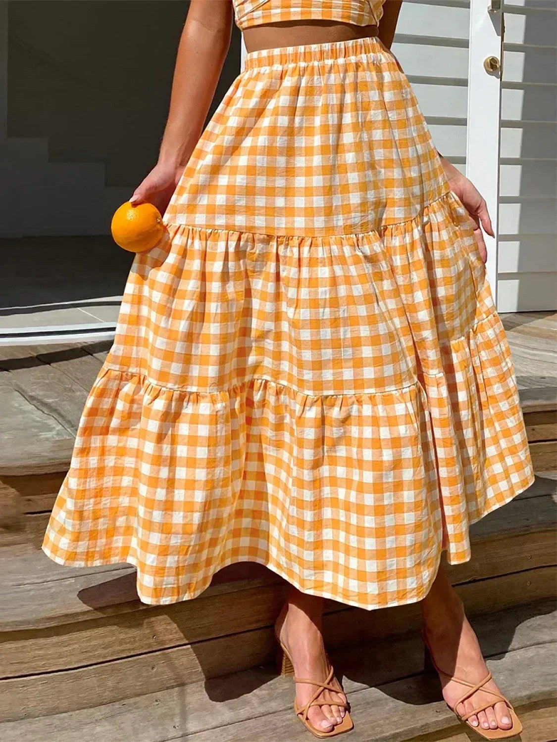 Gingham Patchwork Tiered Maxi Skirt Yellow / S