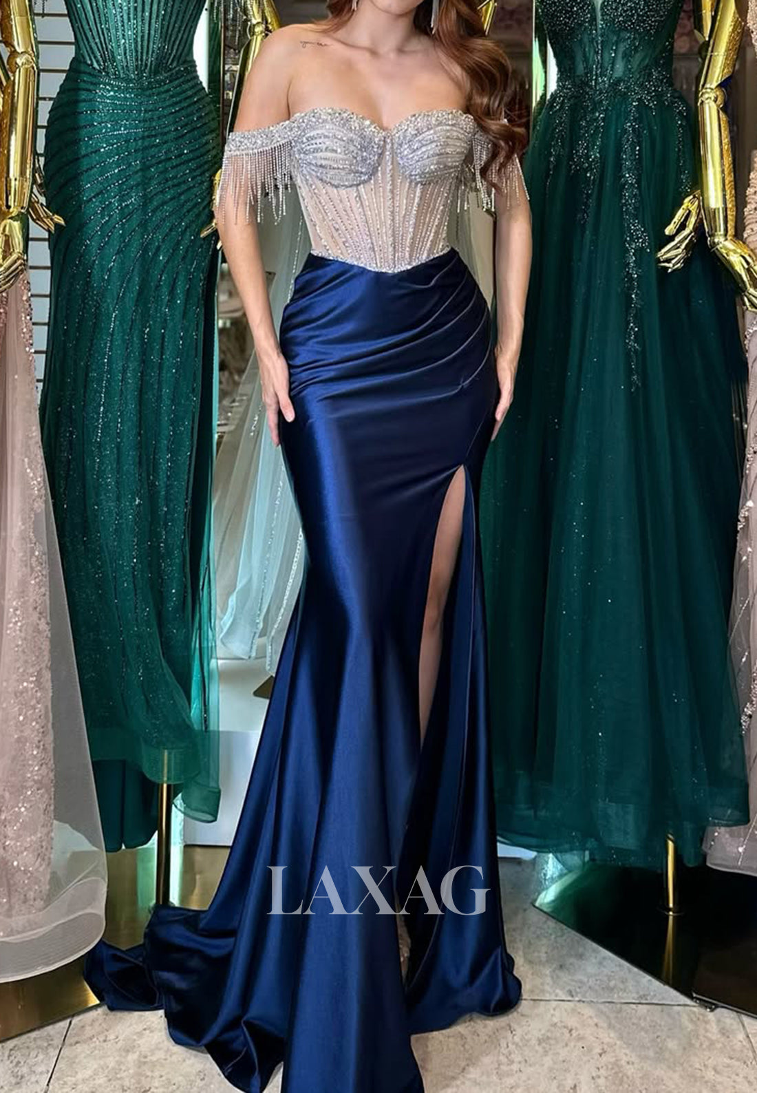 Sweetheart Sleeveless Pleated Satin Formal Gowns Beaded Sequined Sweep Train Meramid Prom Dress
