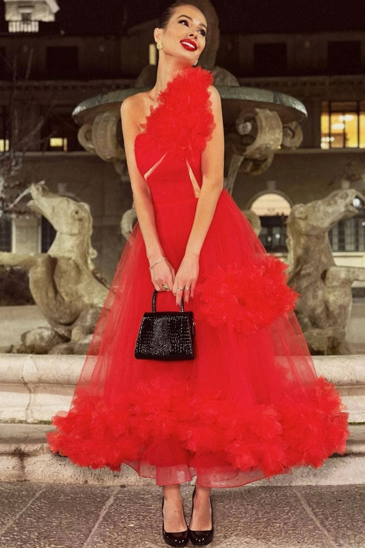 Glamorous 3D Rosette One Shoulder A Line Evening Maxi Dress - Red