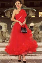 Glamorous 3D Rosette One Shoulder A Line Evening Maxi Dress - Red - View 3