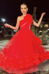 Glamorous 3D Rosette One Shoulder A Line Evening Maxi Dress - Red - View 4