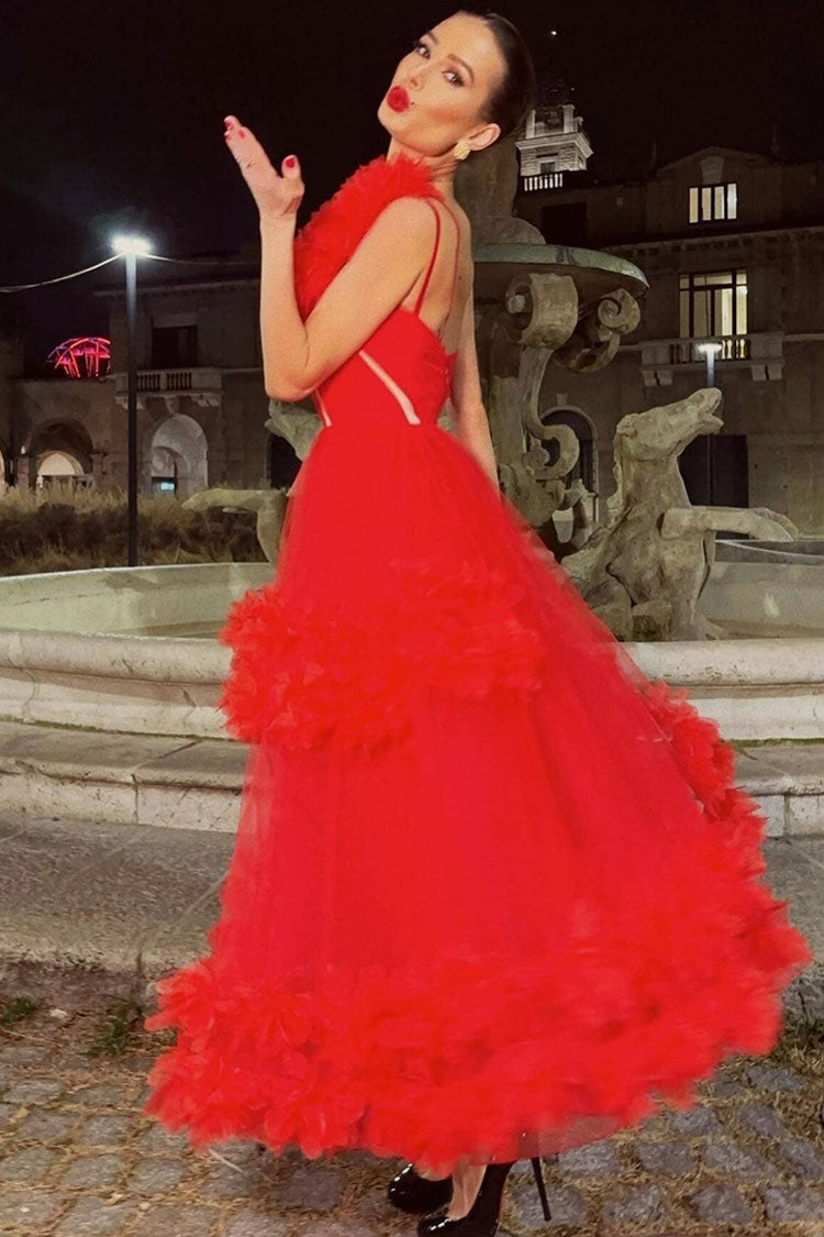 Glamorous 3D Rosette One Shoulder A Line Evening Maxi Dress - Red - View 5