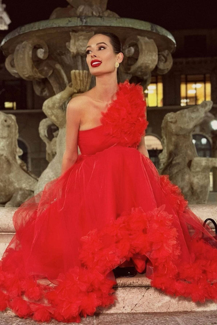 Glamorous 3D Rosette One Shoulder A Line Evening Maxi Dress - Red - View 6
