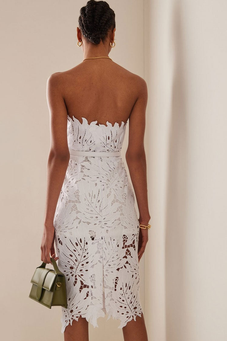Glamorous Leaf Laser Cut Strapless Bandage Cocktail Midi Dress - White 4