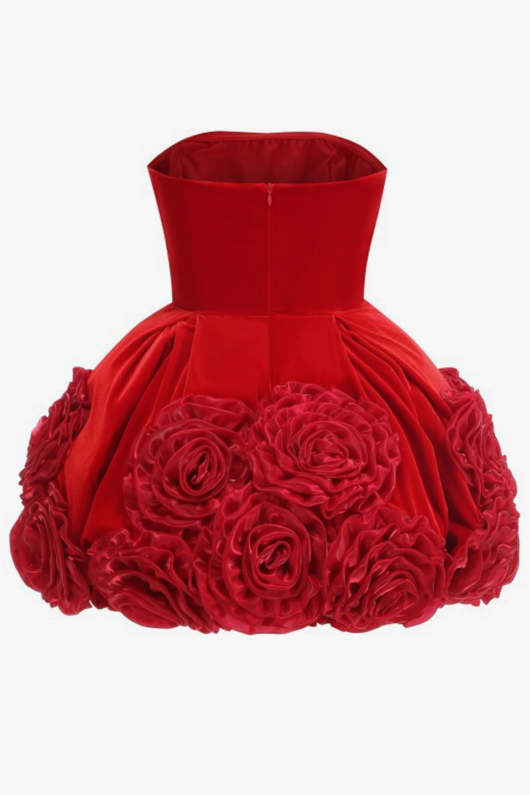 Glamorous Strapless Fit & Flare Rosette Balloon Velvet Party Mini Dress