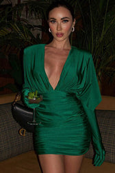 Glitter Plunge Neck Opera Glove Half Sleeve Ruched Party Mini Dress - Emerald Green 5