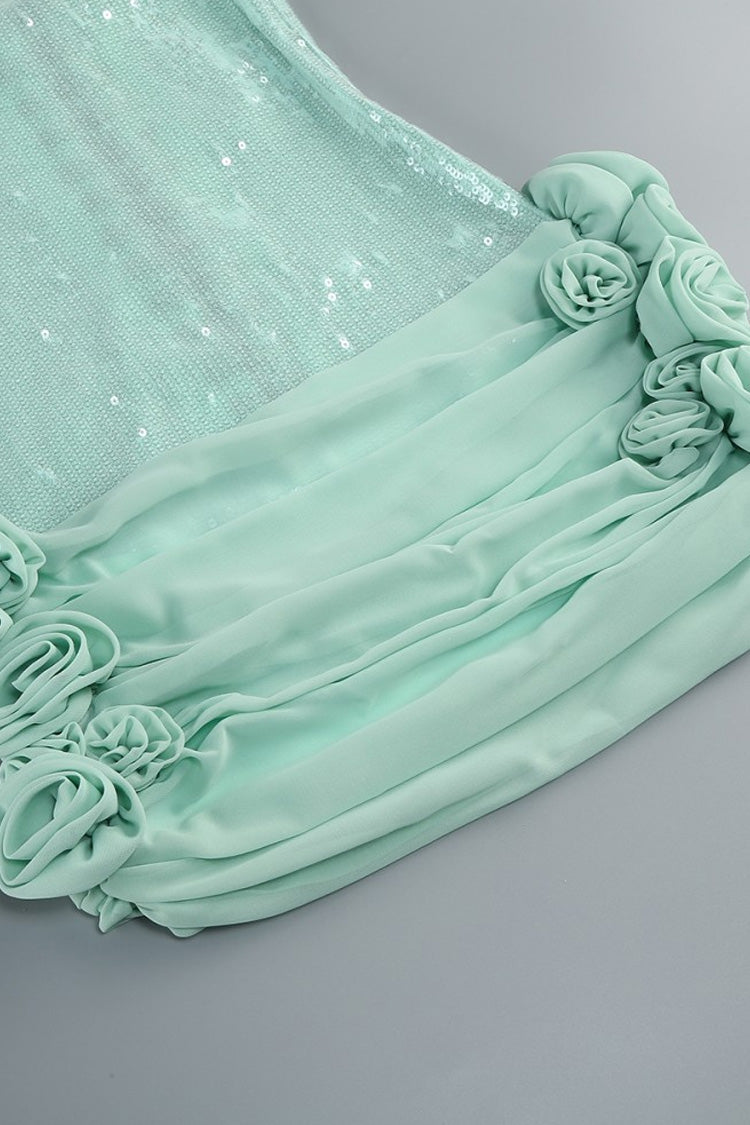 Glitter Sequin Sleeveless Lace Up Rosette Ruched Micro Mini Party Dress